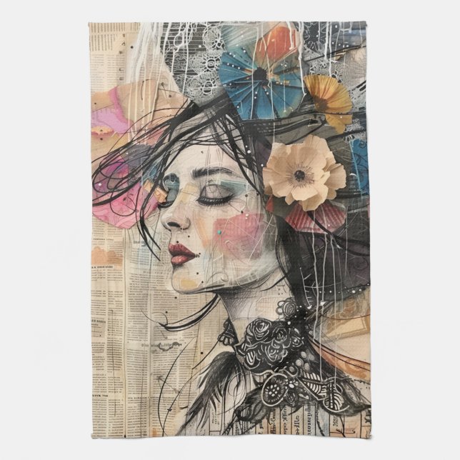 Mixed Media Collage Portrait Art (2) Tea Towel (Vertical)