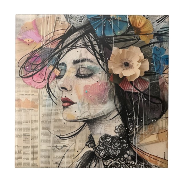 Mixed Media Collage Portrait Art (2) Tile (Front)