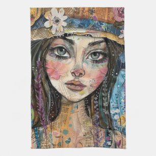 Mixed Media Collage Portrait Art (3) Tea Towel