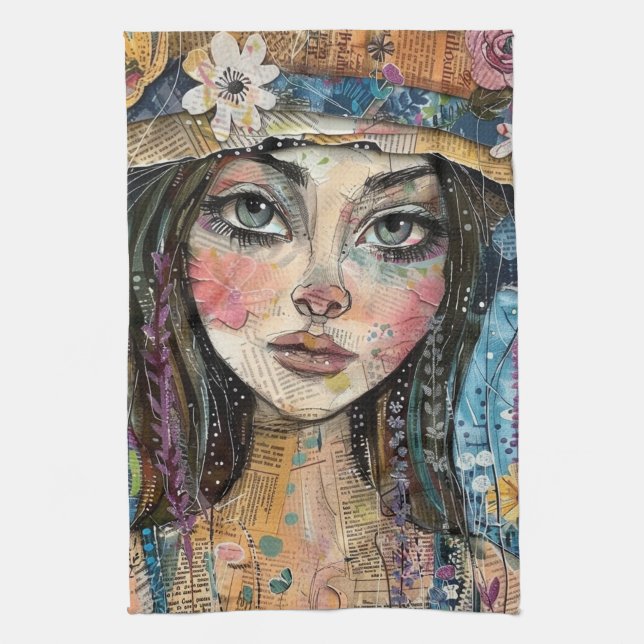 Mixed Media Collage Portrait Art (3) Tea Towel (Vertical)