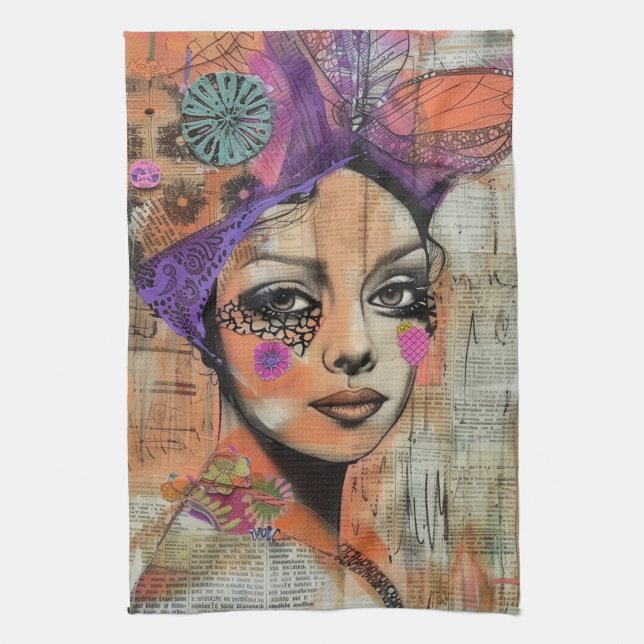 Mixed Media Collage Portrait Art (5) Tea Towel (Vertical)