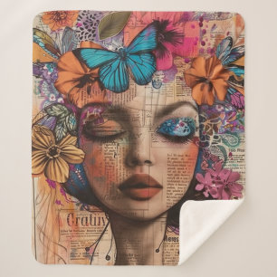 Mixed Media Collage Portrait Art (7) Sherpa Blanket