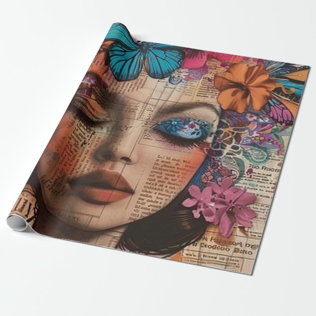 Mixed Media Collage Portrait Art (7) Wrapping Paper (Unrolled)