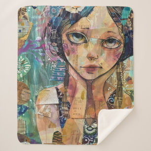 Mixed Media Collage Portrait Art (8) Sherpa Blanket