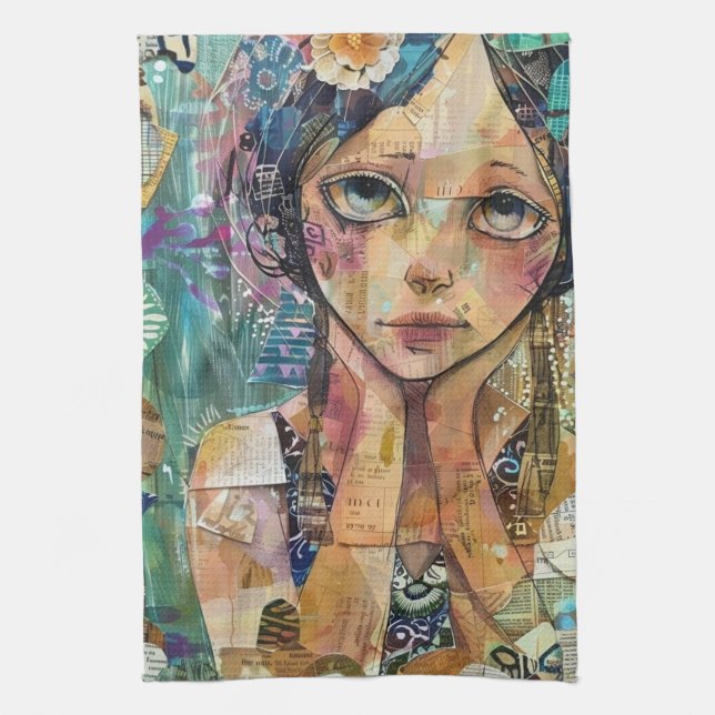 Mixed Media Collage Portrait Art (8) Tea Towel (Vertical)