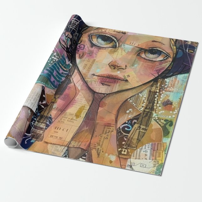 Mixed Media Collage Portrait Art (8) Wrapping Paper (Unrolled)