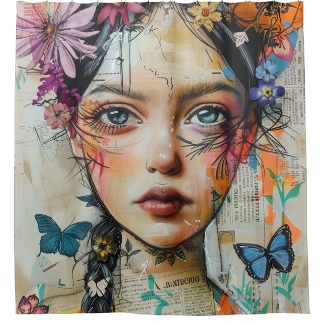 Mixed Media Collage Portrait Art (9) Shower Curtain (Front)