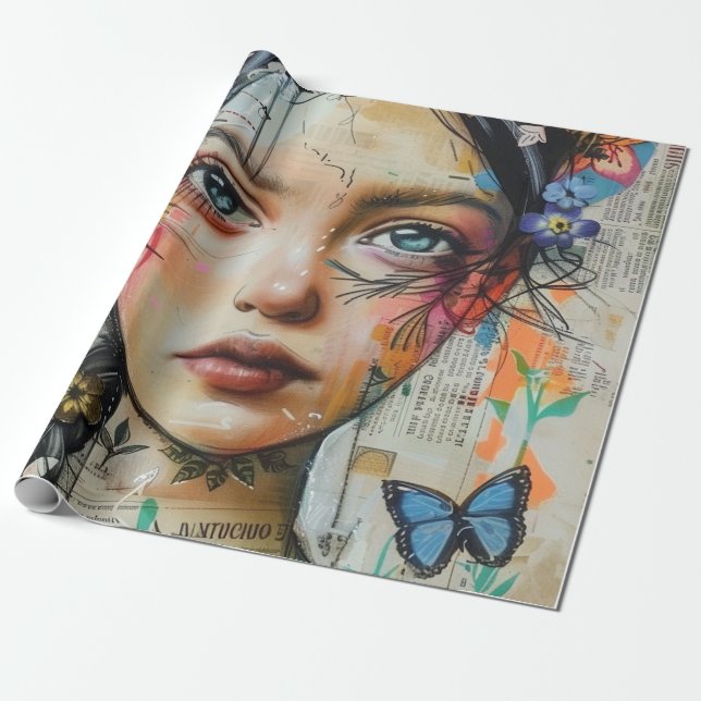 Mixed Media Collage Portrait Art (9) Wrapping Paper (Unrolled)