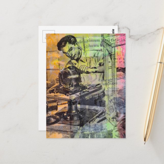 Mixed Media Collage Retro Woodworking Men  Postcard (Front/Back In Situ)
