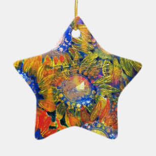 Mixed Media Collage Sunflower Painting Ceramic Tree Decoration