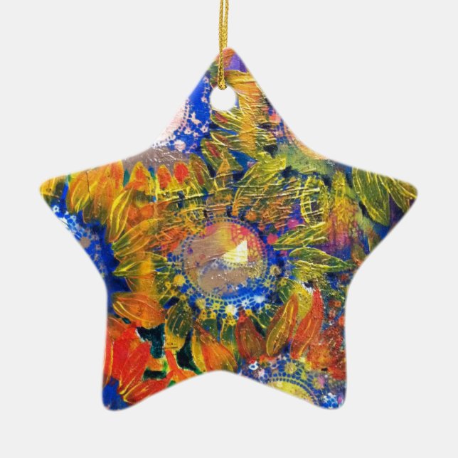 Mixed Media Collage Sunflower Painting Ceramic Tree Decoration (Front)