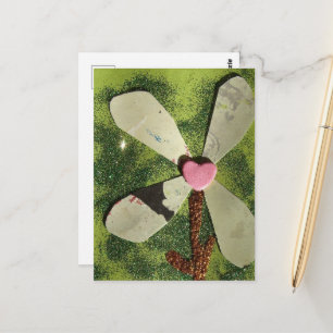 Mixed media flower pink heart centre postcard