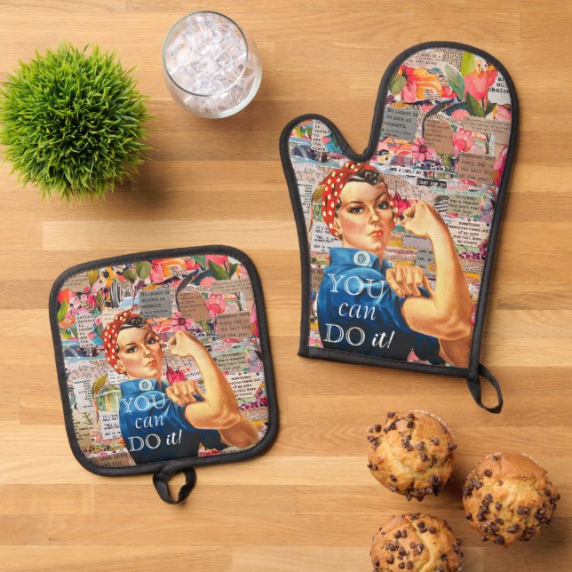 Mixed Media Inspirational Rosie the Riveter   Oven Mitt & Pot Holder Set (Top Down)
