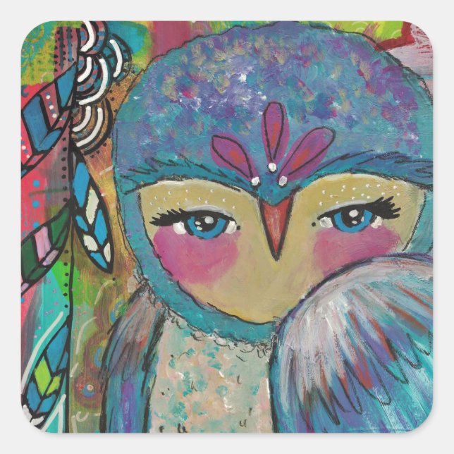Mixed Media Owl and Feathers Sticker (Front)