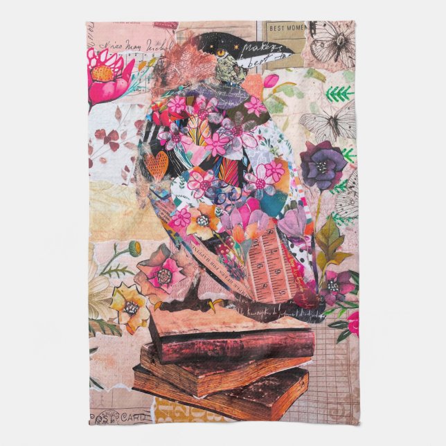 Mixed Media Paper Crow Raven Kitchen Towel (Vertical)