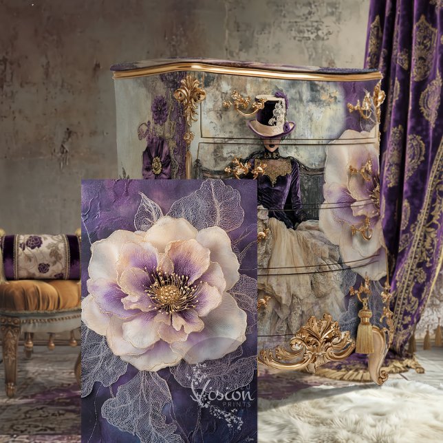 Mixed Media Peony, dark purple, lilac & gray Tissue Paper (Oversized Peony Flower, Shabby Chic, Mixed Media, Moody Purples, decoupage tissue paper.)