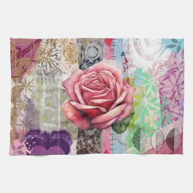 Mixed Media Rose Floral Collage Kitchen Towel (Horizontal)