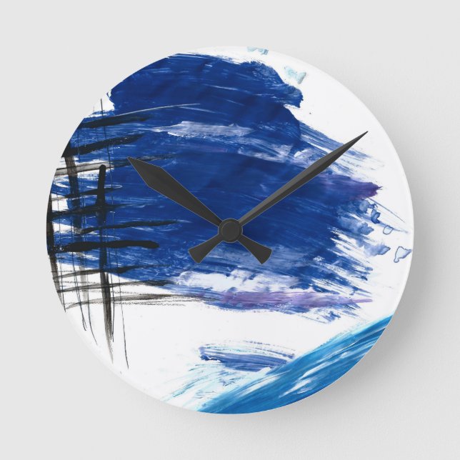 Mixed media watercolor blue abstract artistic round clock (Front)