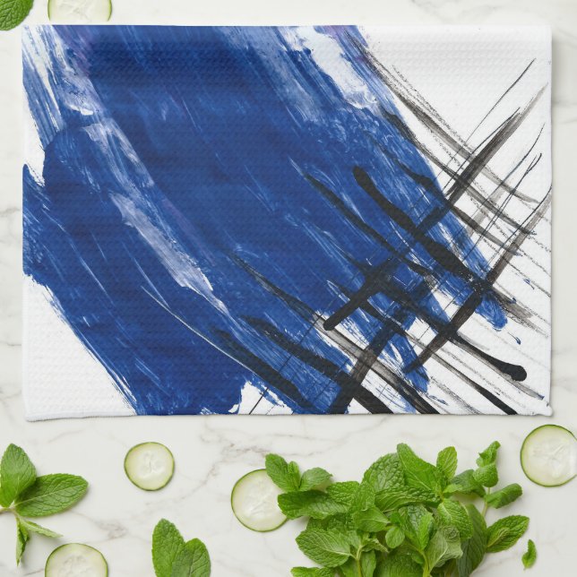Mixed media watercolor blue abstract artistic tea towel (Folded)