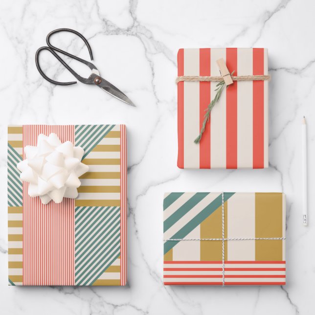 Mixed Modern Stripes Christmas Holiday Wrapping Paper Sheet (Front)