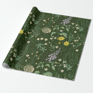 Mixed Pastel Wildflowers on Green Wrapping Paper