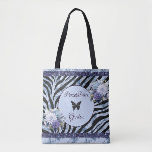 Mixed pattern blue and purple floral tote bag