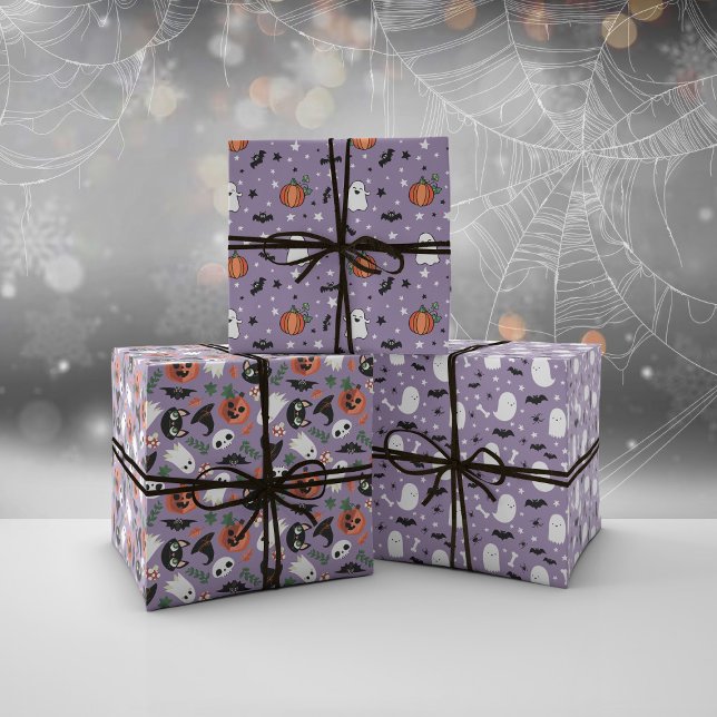 Mixed Purple Halloween Patterns Ghost Pumpkin Bat Wrapping Paper Sheet (Creator Uploaded)