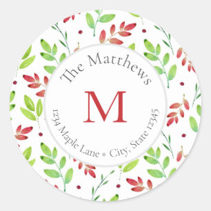 Mixed Red, Green Watercolor Leaves Pattern labels