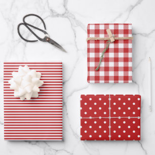 Mixed Red White Patterns Stripes Gingham Polka Dot Wrapping Paper Sheet