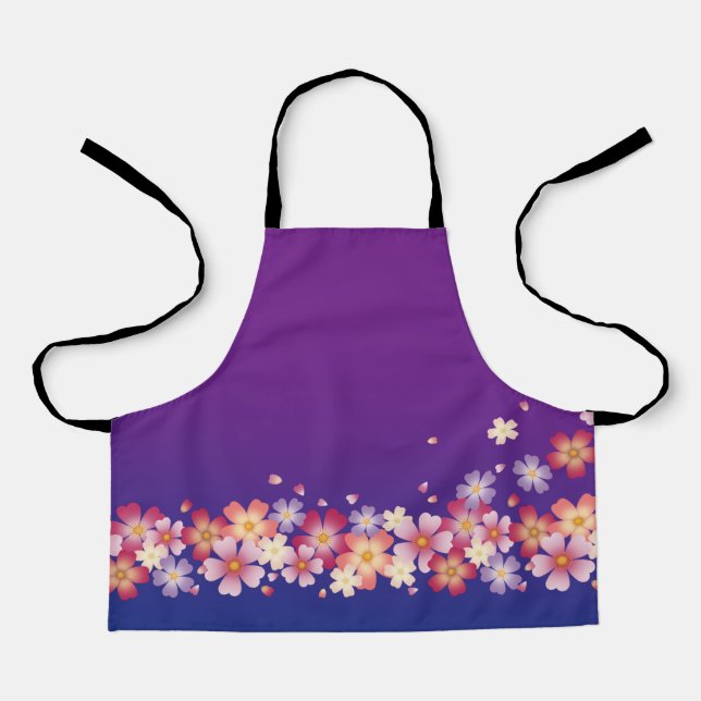 Mixed Sakura Blossoms Kimono Style Blue & Purple Apron (Front)
