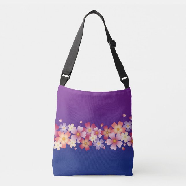 Mixed Sakura Blossoms Kimono Style Blue & Purple Crossbody Bag (Front)