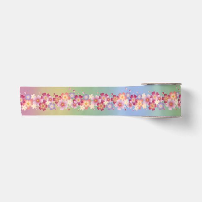 Mixed Sakura Blossoms Kimono Style Rainbow Satin Ribbon (Front)