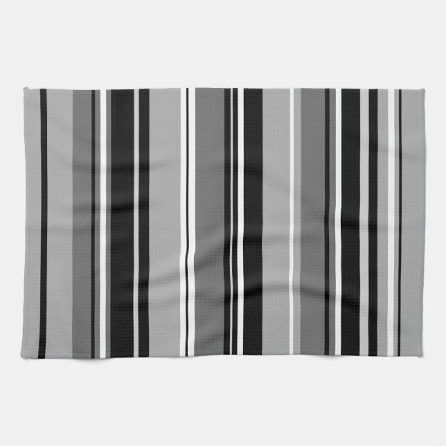 Mixed Striped (V) Pattern Black White Greys Tea Towel (Horizontal)