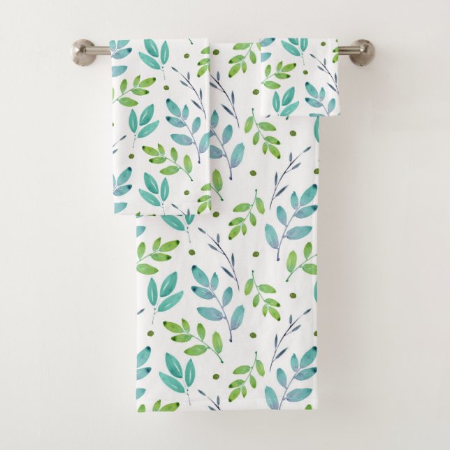 Mixed Teal, Green Watercolor Leaves Pattern  Bath Towel Set (Insitu)