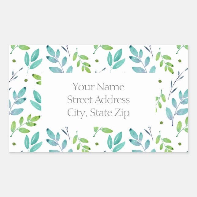 Mixed Teal, Green Watercolor Leaves Pattern Labels (Front)