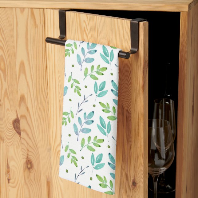 Mixed Teal, Green Watercolor Leaves Pattern   Tea Towel (Thirds Fold)