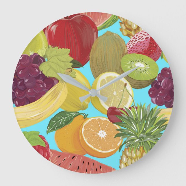 Mixed Tropical Fruit Illustration Pattern Large Clock (Front)