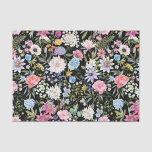 Mixed Watercolor Garden Flowers Black Tissue Paper