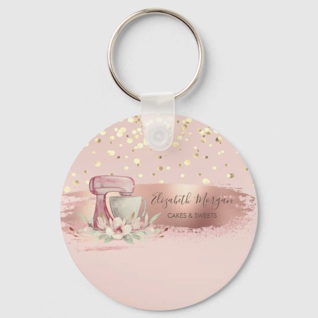 Mixer Flower,Gold Confetti, Brush Stroke  Key Ring (Front)