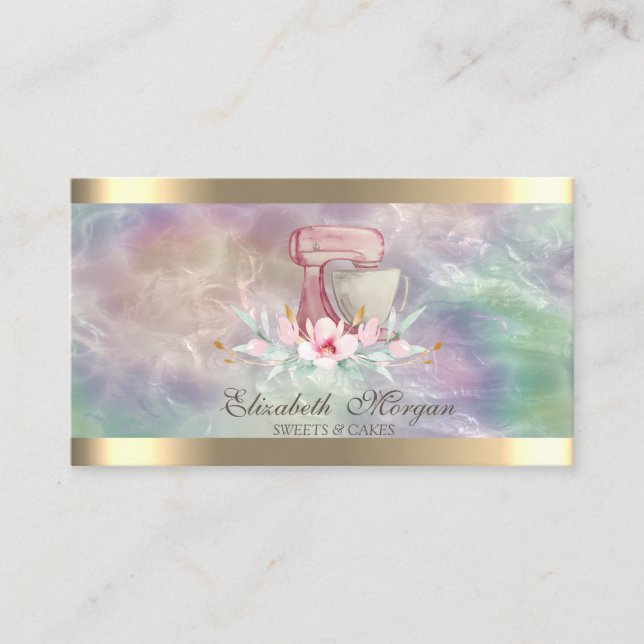 Mixer Flower Gold Stripe Holographic Pearl Bakery  Business Card (Front)
