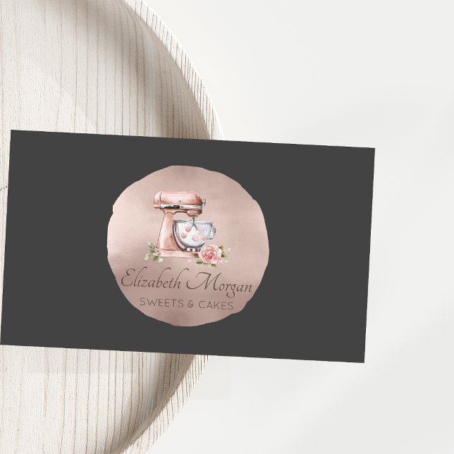 Mixer Flower Hearts Rose Gold Circle Grey Bakery Business Card (Creator Uploaded)