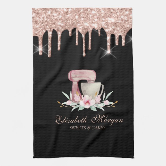 Mixer Flowers Rose Gold Drips Bakery Black  Tea Towel (Vertical)