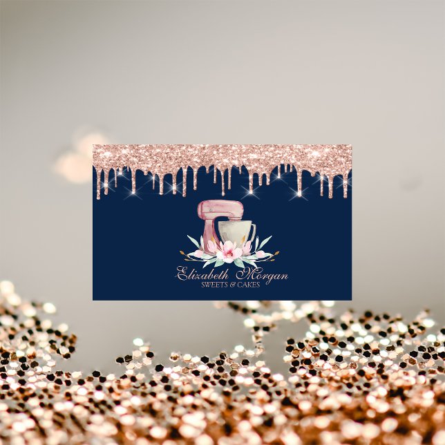 Mixer Flowers Rose Gold Drips Bakery Navy Blue Business Card (Creator Uploaded)
