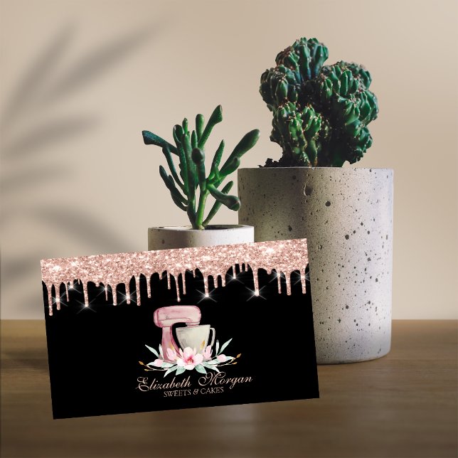 Mixer Flowers Rose Gold Drips Black Your Logo Business Card (Creator Uploaded)