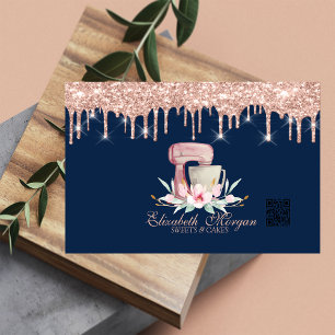 Mixer Flowers Rose Gold Drips QR Code Navy Blue Business Card