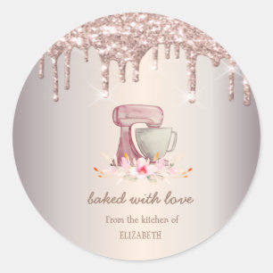 Mixer Flowers Rose Gold Glitter Drips Bakery    Classic Round Sticker
