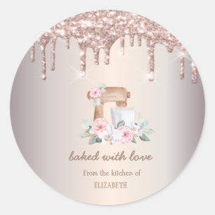 Mixer Roses, Rose Gold Glitter Drips Bakery  Classic Round Sticker
