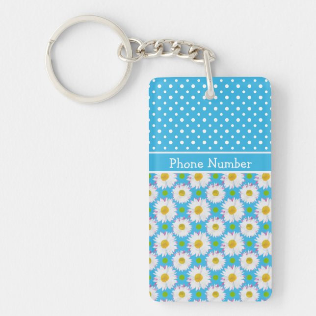 Mix'n'match Polka Dot and Daisy Patterns on Blue Key Ring (Front)
