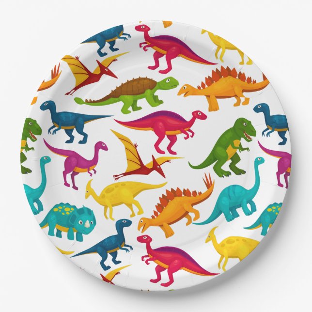 Mixture of Colourful Dinosaurs in Black Canvas Paper Plate (Front)