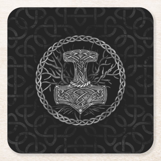 Mjolnir - The hammer of Thor and Tree of life Square Paper Coaster (Front)